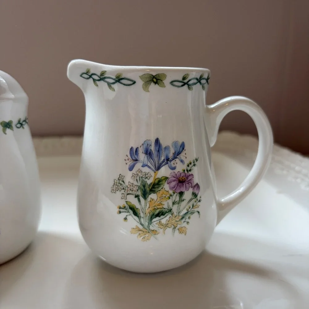 Thomson Pottery Floral Garden Pitcher Salt Pepper Shakers Botanical Set